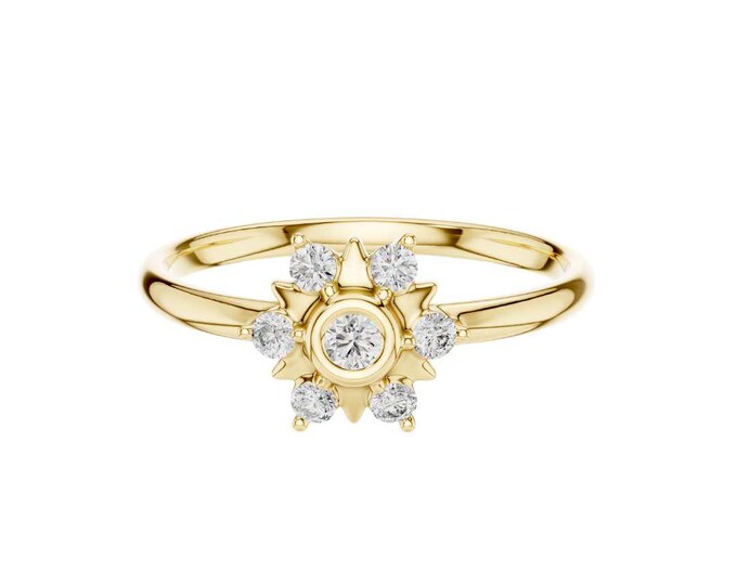 Elegant Yellow Gold Sunburst Diamond Ring with Sparkling Accents Delicate and Unique Fine Jewelry Perfect for Everyday Wear