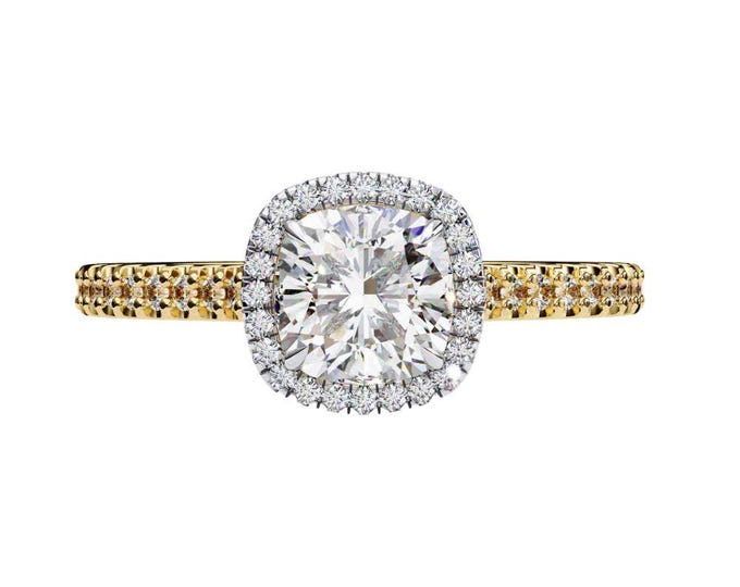 Double Halo Diamonds Radiant Cushion Cut Moissanite Ring with Yellow Gold Band Luxurious Sparkling Solitaire Engagement Bridal Jewelry