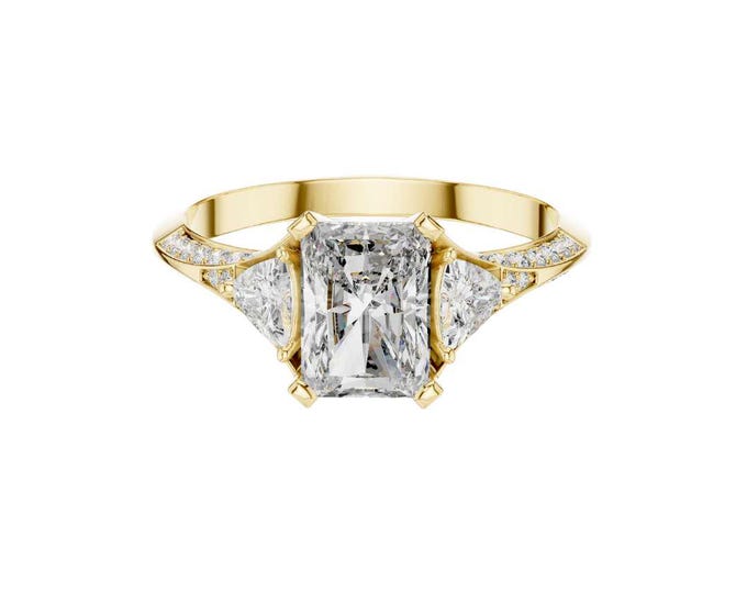 Radiant Cut Moissanite Engagement Ring 14K Gold Trillion Side Stone Ring Alternative Bridal Jewelry Unique Statement Ring for Her Ceremony