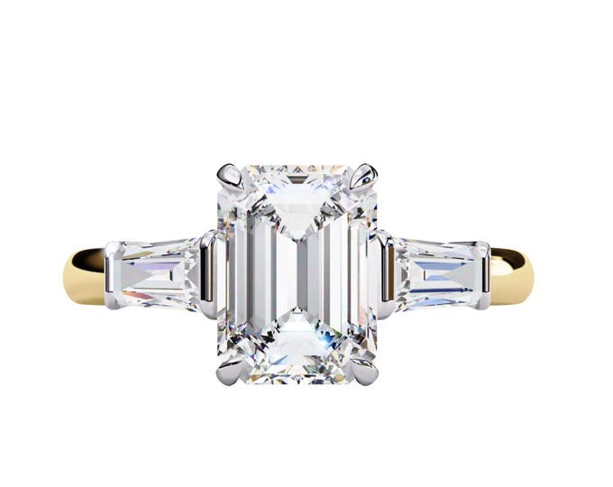 Emerald Cut 2.93 TCW Diamond Three Stone Ring with Baguette Side Stones Two Tone Gold Handmade Bridal Wedding Ring for Beautiful Brides