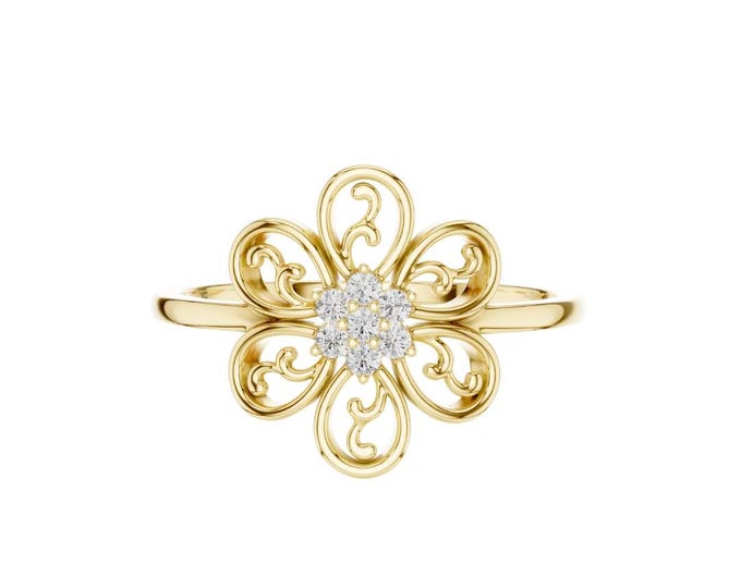 Elegant Gold Flower Ring with Sparkling Moissanite Center Delicate Openwork Floral Design Handmade Dainty Gold Moissanite Jewelry
