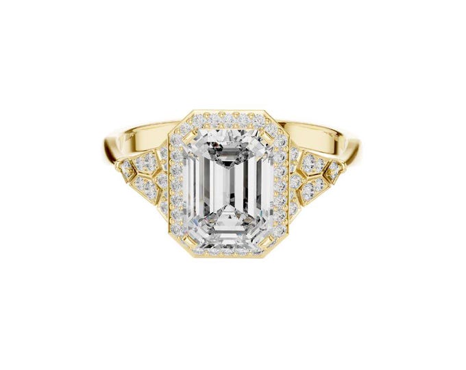 Emerald Cut Moissanite Halo Engagement Ring 14K Gold Vintage Inspired Ring Art Deco Bridal Jewelry Statement Ring for Her Minimalist Ring