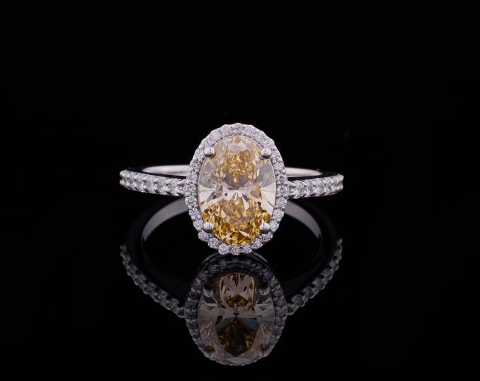Oval Yellow Moissanite Diamond Anniversary Ring Halo Pave Band Ring in White Gold Unique Vintage Inspired Bridal Ring Custom Fine Jewelry
