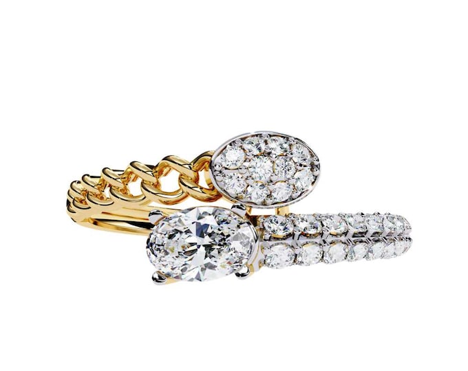 Oval Diamond Ring with Gold Rope Band Double Stone Statement Ring Unique Two Stone Wedding Ring Modern Fine Jewelry Gift for Her