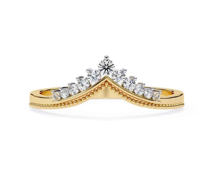 Gold Diamond Tiara Crown Wedding Band Chevron Curved Bridal Ring Dainty Stacking Anniversary Band Elegant Statement Jewelry for Women