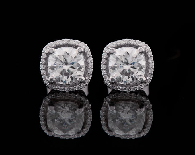 2.50 CT Cushion square Cut Button Prong Moissanite 14k Solid White Gold Halo Diamond Earring Studs Earrings Wedding Anniversary Gift For Her
