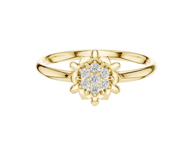 Vintage-Inspired 14K Yellow Gold Floral Diamond Ring with Petal Halo and Split Band – Delicate Fine Jewelry for Women wedding luxury ring