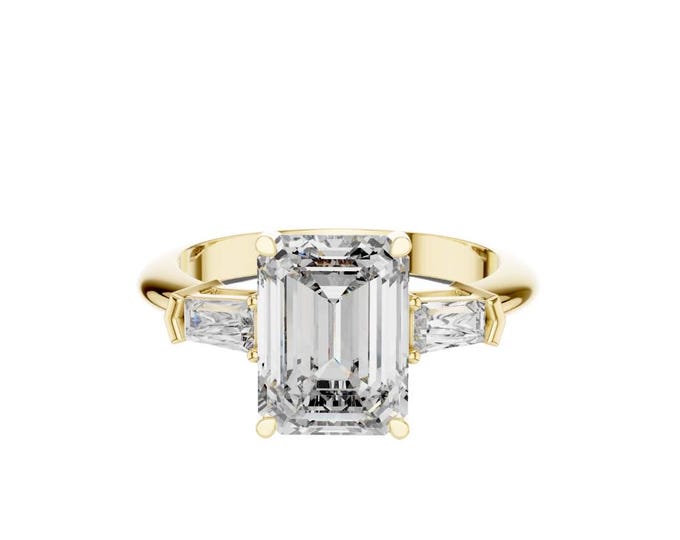 Shiny Emerald Cut Engagement Ring Three Stone Diamond Ring Yellow Gold Ring Radiant Vintage Style Ring Bridal Jewelry Promise Ring