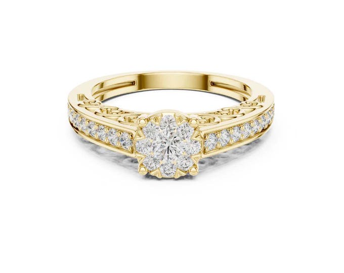 Moissanite Engagement Ring in Yellow Gold with Double Band and Diamond Accents Elegant Bridal Jewelry for Proposal Anniversary