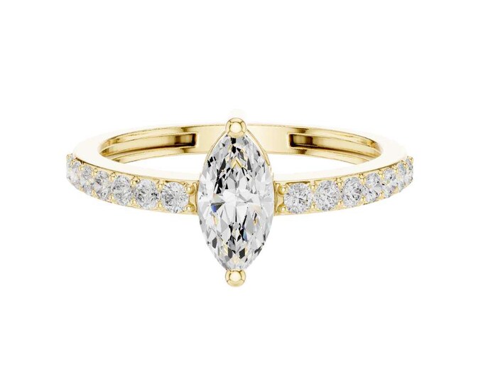 Stylish Marquise Cut Moissanite Ring Yellow Gold Diamond Pave Band Unique Solitaire Ring Dainty Wedding Ring Simple Elegant Promise Ring