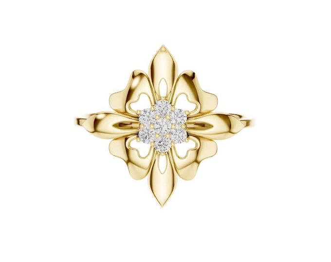 Round Moissanite Floral Starburst Ring Vintage Inspired Statement Ring Elegant Cluster Ring for Women Dainty Minimalist Flower Ring Jewelry