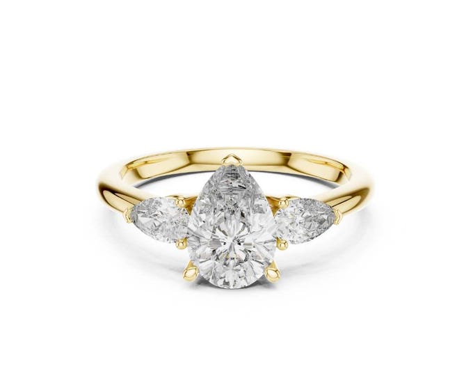 Sustainable Three Stone Pear Cut Engagement Ring Gold Band Trendy Shiny Classic Trilogy Ring Elegant Wedding Proposal Gift for Her