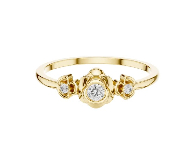 Delicate  Gold Floral Diamond Ring Handmade Minimalist Engagement or Promise Ring Dainty Nature-Inspired Jewelry Perfect Gift for Her