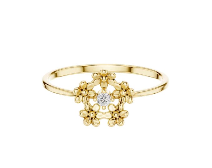 Round Moissanite Floral Ring with Teardrop Gemstone Dainty Flower Band Delicate Stackable Ring Nature Inspired Jewelry for Women