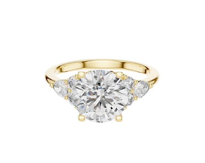 Three Stone Round Diamond Engagement Ring in Yellow Gold Customizable Moissanite Classic Bridal Jewelry Handmade Anniversary Gift