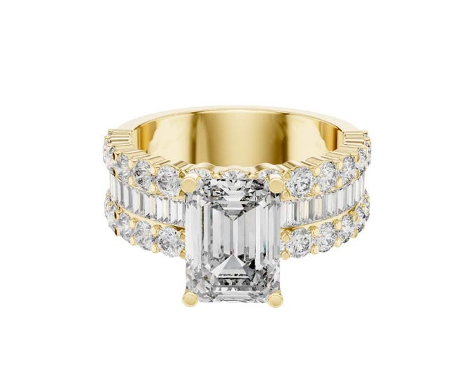 Emerald Cut Lab Grown Diamond Engagement Ring in Yellow Gold with Double Row Round Brilliant Accent Stones Wide Band Luxury Bridal Jewelry