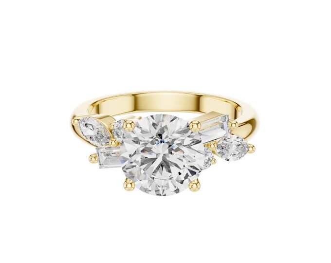 Elegant Round Cut Solitaire Engagement Ring with Marquise and Pear Side Stones in Modern Three Stone Diamond Moissanite Bridal Jewelry