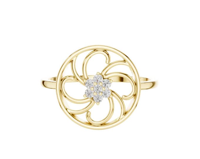 Gold Flower Design Ring Elegant Diamond Centerpiece Minimalist Statement Ring Dainty Gold Jewelry Gift  Unique Floral Ring Handmade Jewelry