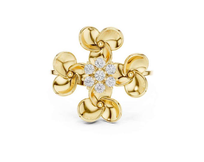 Gold Floral Starburst Ring with Moissanite & Cubic Zirconia – Bold Statement Ring, Unique Petal Design, Adjustable Fashion Jewelry for Her