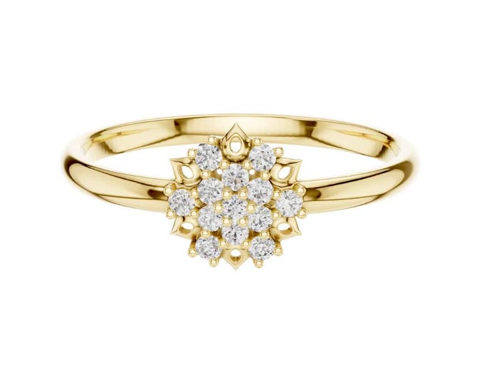 0.078 CT Elegant Sunburst Cluster Diamond Ring Dainty Round Brilliant Cut Diamonds in Prong Setting – Unique Vintage Inspired Floral Ring
