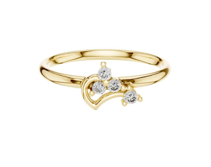 Delicate 14K Gold Heart-Inspired Diamond Ring  Dainty Trio of Round Diamonds in a Romantic Curved Design Minimalist Fine Jewelry for Women