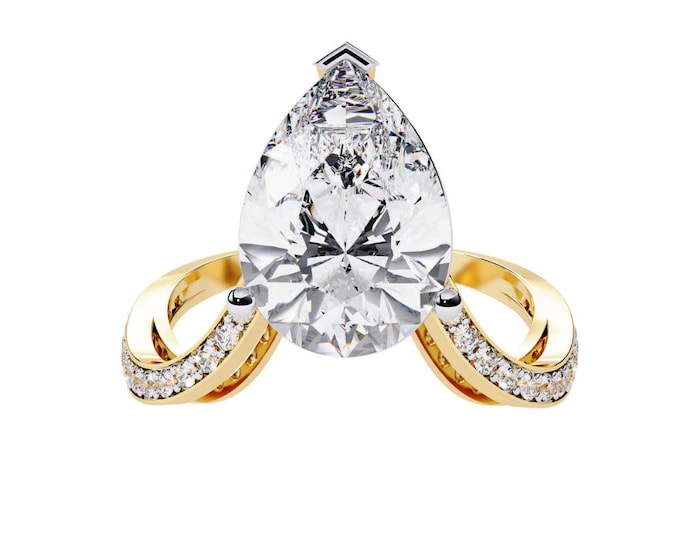 Yellow Gold Pear Cut Diamond Ring Unique Split Shank Solitaire with Pave Side Stones Luxury Statement Wedding Band Elegant Fine Jewelry