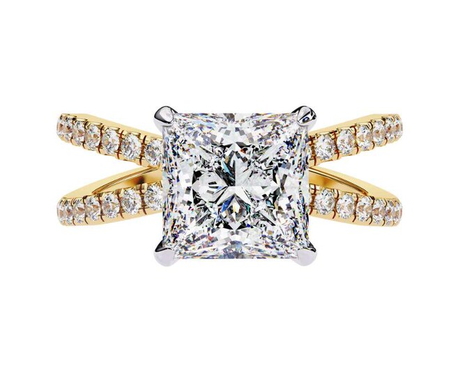 Double Diamond Band in Princess Cut Moissanite Engagement Ring with Yellow Gold Unique Square Solitaire Ring Elegant Bridal Jewelry