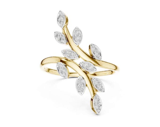 Gold Leaf Branch Moissanite Ring Nature Inspired Promise Ring with Round Cut Stone in Yellow Gold Elegant Jewelry for Engagement