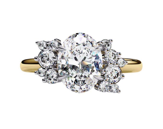 Stunning Oval Cut Moissanite Cluster Ring with Dainty Diamond Accent Band Custom Handmade Fine Bridal Jewelry for One of a Kind Engagements