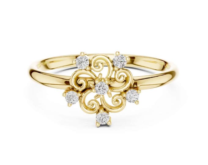 0.06 CT Ornate Swirl Floral Diamond Ring Vintage Inspired Gold Band Round Brilliant Cluster Setting Elegant Promise or Anniversary Jewelry
