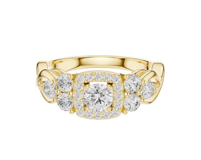 Round Moissanite Halo Ring: Elegant Cushion Halo Diamond Ring in Yellow Gold  Multi-Stone Cluster Engagement & Anniversary Jewelry