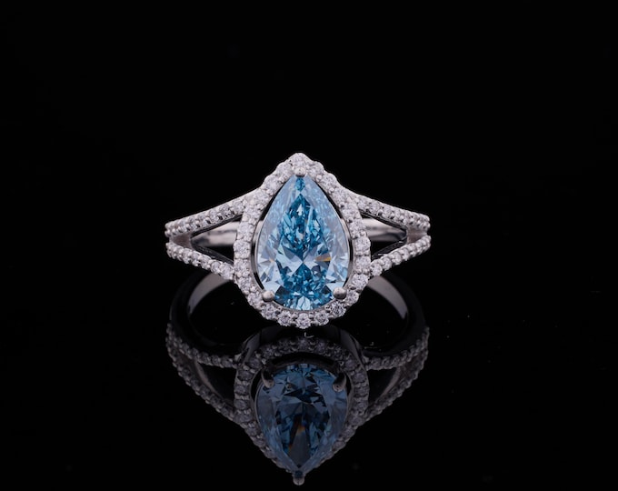 2.35 CT Teardrop Blue Topaz Ring Dainty Split Shank Halo Ring Sterling Silver Promise Ring Unique Cocktail Party Jewelry Gift for Her