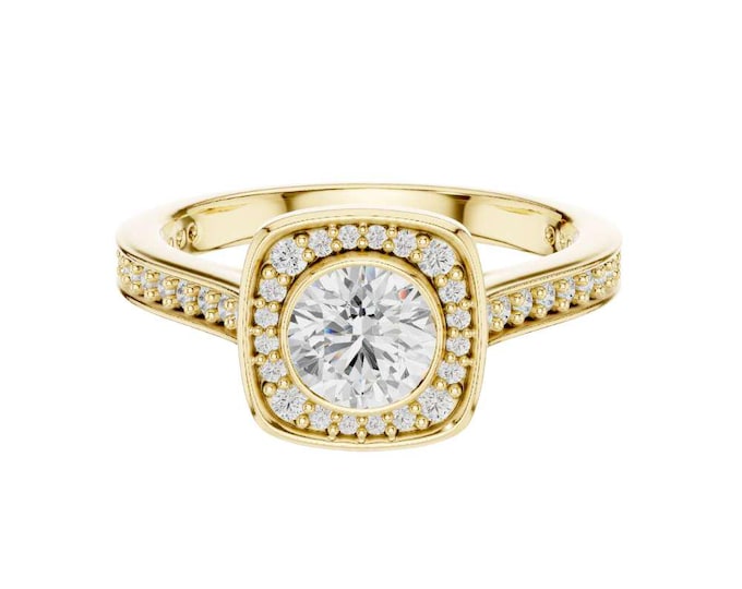 Elegant Halo Round Moissanite Anniversary Ring Diamond Accent with bezel set Unique Vintage Inspired Bridal Jewelry Perfect Promise Ring