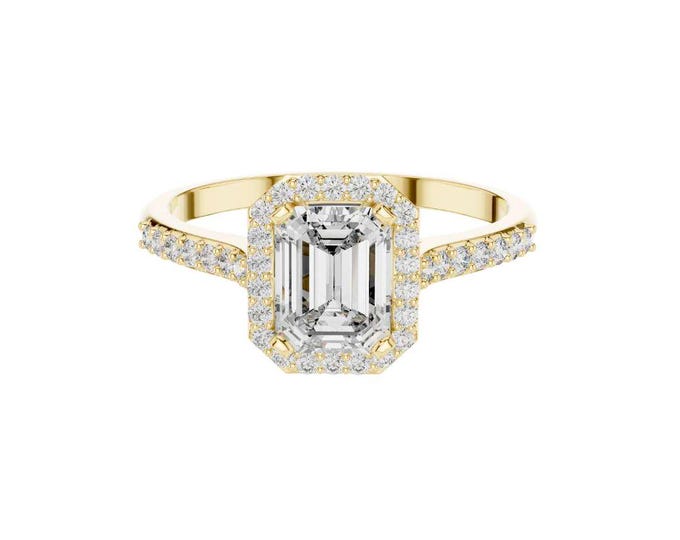 Emerald Cut Moissanite Engagement Ring 14K Gold Pavé Band Ring Classic Bridal Jewelry Elegant Statement Ring for Her Minimalist Ring