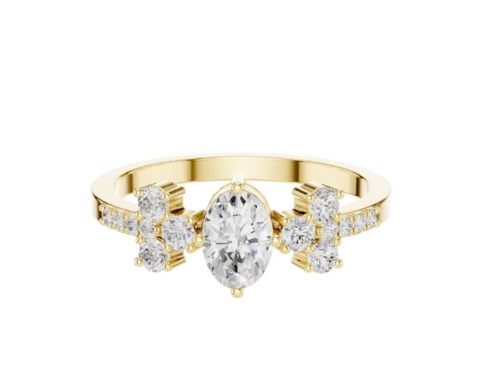 Elegant Gold Ring Featuring an Oval Cut Center Diamond with Sparkling Floral Cluster Side Accents  Pave Moissanite Diamond Studded Band