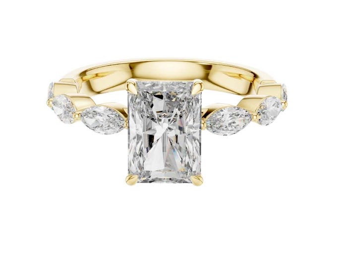 Unique Radiant Cut Three Stone Engagement Ring  Trellis Setting with Trillion Side Stones  Modern Classic Wedding Ring for Her