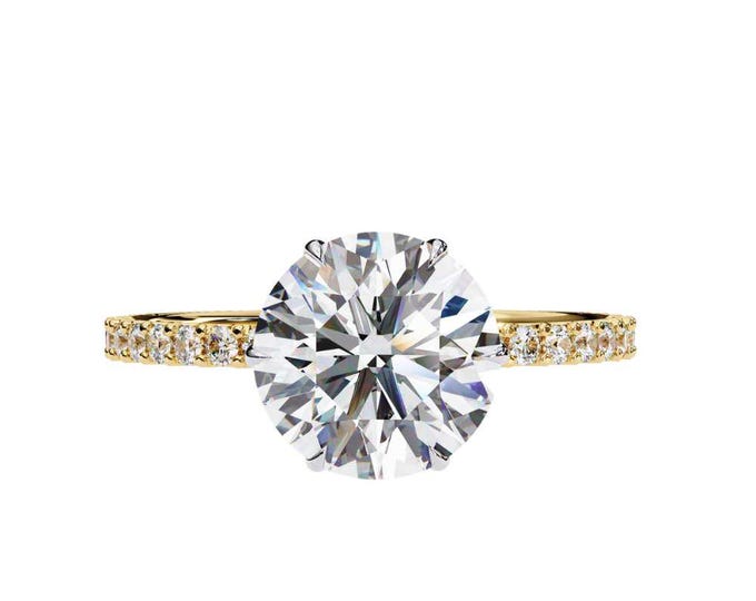 2.21 TCW Round Brilliant Moissanite Engagement Ring Gold Solitaire with Pave Band Custom Jewelry Elegant Minimalist Bridal Ring for Her