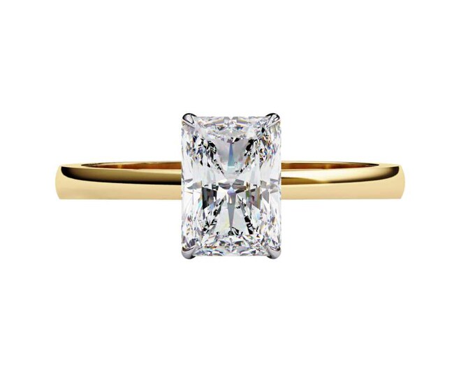 Elegant Sparkling Radiant Cut Moissanite Solitaire Ring in Solid Yellow Gold Sleek Modern Engagement Band Minimalist Bridal Jewelry Gift
