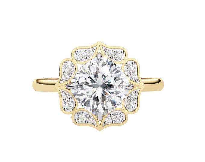 Floral Inspired Round Moissanite Engagement Ring in Yellow Gold with Petal Halo Design Elegant Vintage Style Solitaire Bridal Jewelry Gift