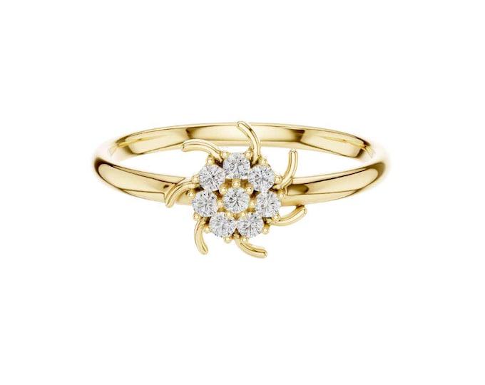 Elegant 14K Yellow Gold Floral Diamond Cluster Ring Delicate Flower-Inspired Design with Round-Cut Diamonds Dainty Gold Engagement  Ring