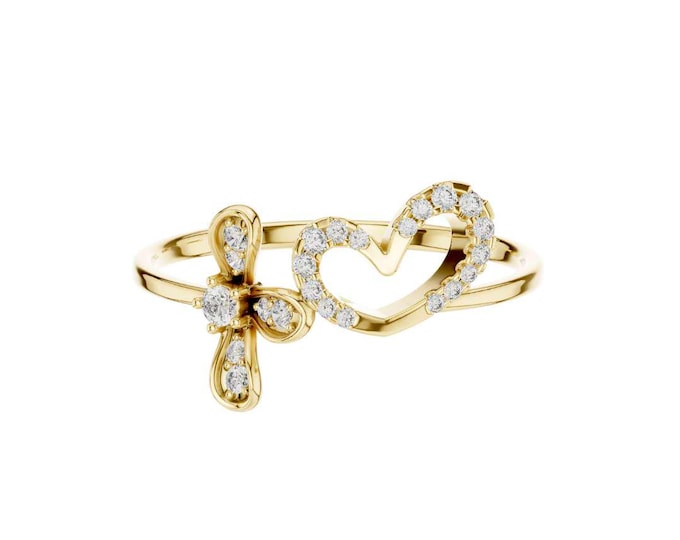 Dainty Cross and Heart Ring Christian Fashion Jewelry with Sparkling Moissanite Faith and Love Jewelry Minimalist Spiritual Promise Ring