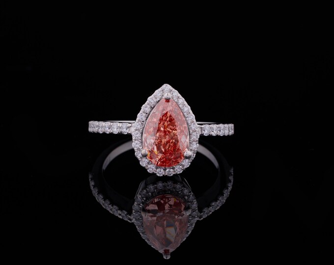 3.04 CT Pear Cut Pink Halo Ring Teardrop Peach Sapphire Simulant Ring Sterling Silver Ring with Diamonds Elegant Vintage Statement Jewelry