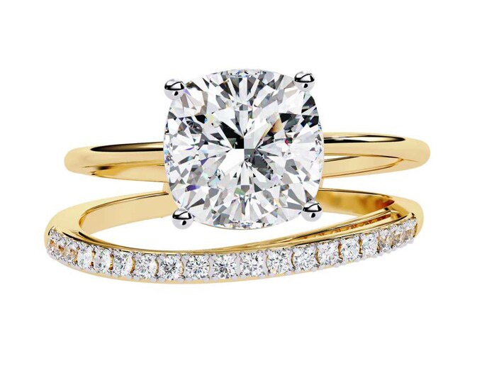 Yellow Gold Cushion Shaped Wedding Ring 2.41 TCW Modern Wrap Band Design with Moissanite Accents Elegant Bridal Jewelry Promise Ring for Her