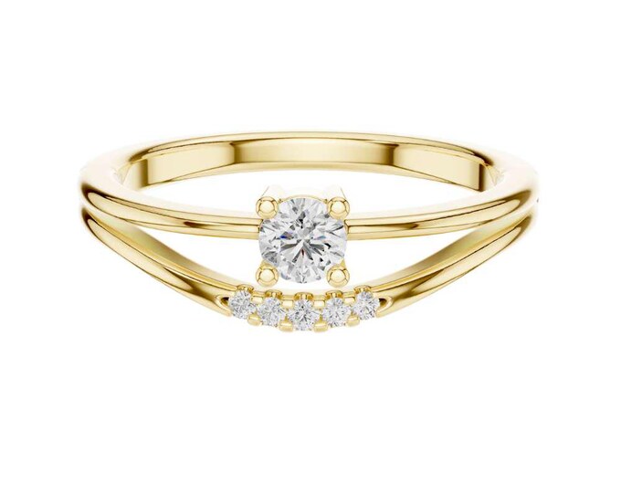 Gold Split Shank Moissanite Diamond Ring Round Cut Center Stone with Accent Diamonds Unique Minimalist Ring Dainty Proposal Ring for Her