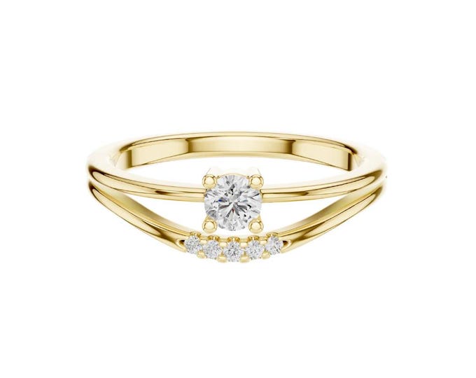 Split Shank Moissanite Diamond Accent Band Round Cut Solitaire Engagement Ring in Gold Dainty Modern Bridal Jewelry