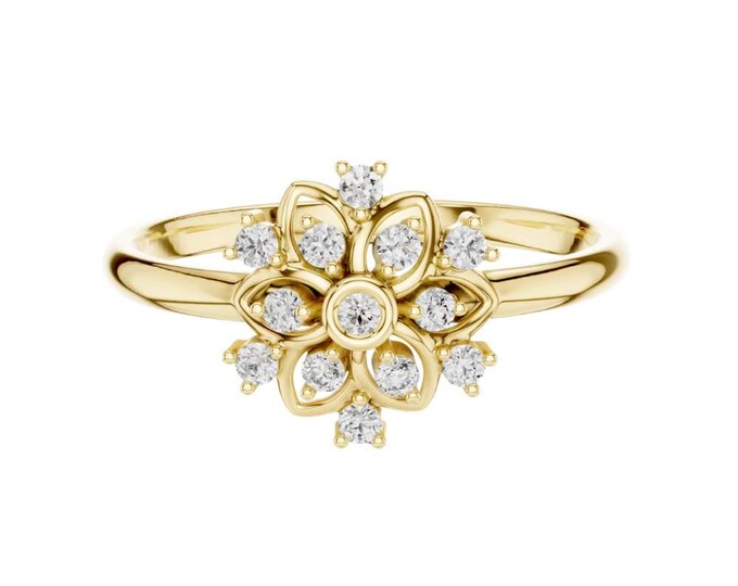 0.104 CT Floral Bloom Diamond Cluster Ring Unique Petal-Inspired Engagement Ring Dainty Gold Promise Ring Vintage-Style Floral Diamond Band
