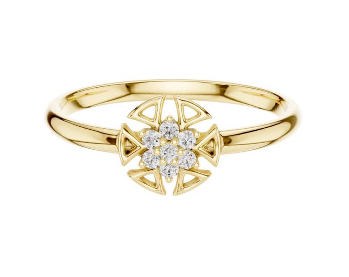 0.042 CT Geometric Compass Diamond Ring  Round Brilliant Cut Cluster in 14K Gold Dainty Boho Luxe Statement Ring Unique Celestial Jewelry