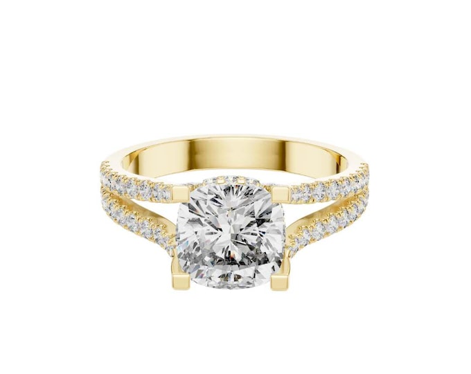 0.44 TCW Gold Split Shank engagement ring Cushion moissanite diamond pave band custom bridal ring solitaire ring For Someone