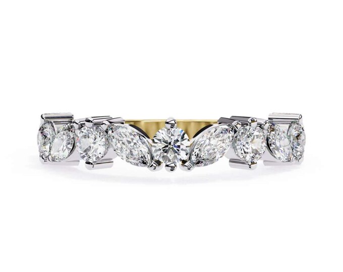 Two Tone Round and Marquise Cut Diamond Ring Unique Yellow Gold Band Elegant Anniversary Ring Vintage Inspired Statement Jewelry