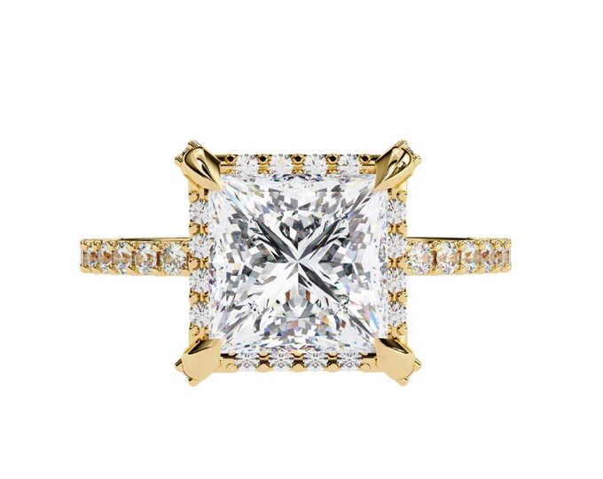 2.52 TCW Square Halo Princess Cut Moissanite Wedding Ring with Diamond Band Unique Bridalset Ring Custom Propose Jewelry for Beautiful Women